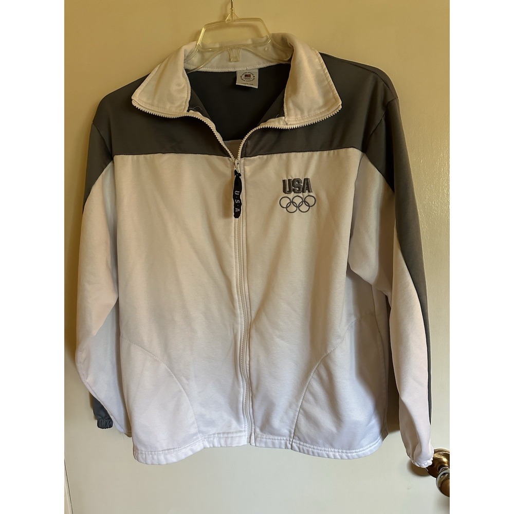Vtg United States Olympic Committee Team USA White Grey Zip Up Jacket Large